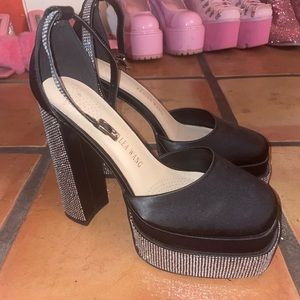 Black silk rhinestone heels